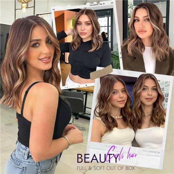 Brown Highlight Short Wavy Wig for Women Lace Hairline Bob Style Synthetic Heat - Picture 4 of 7